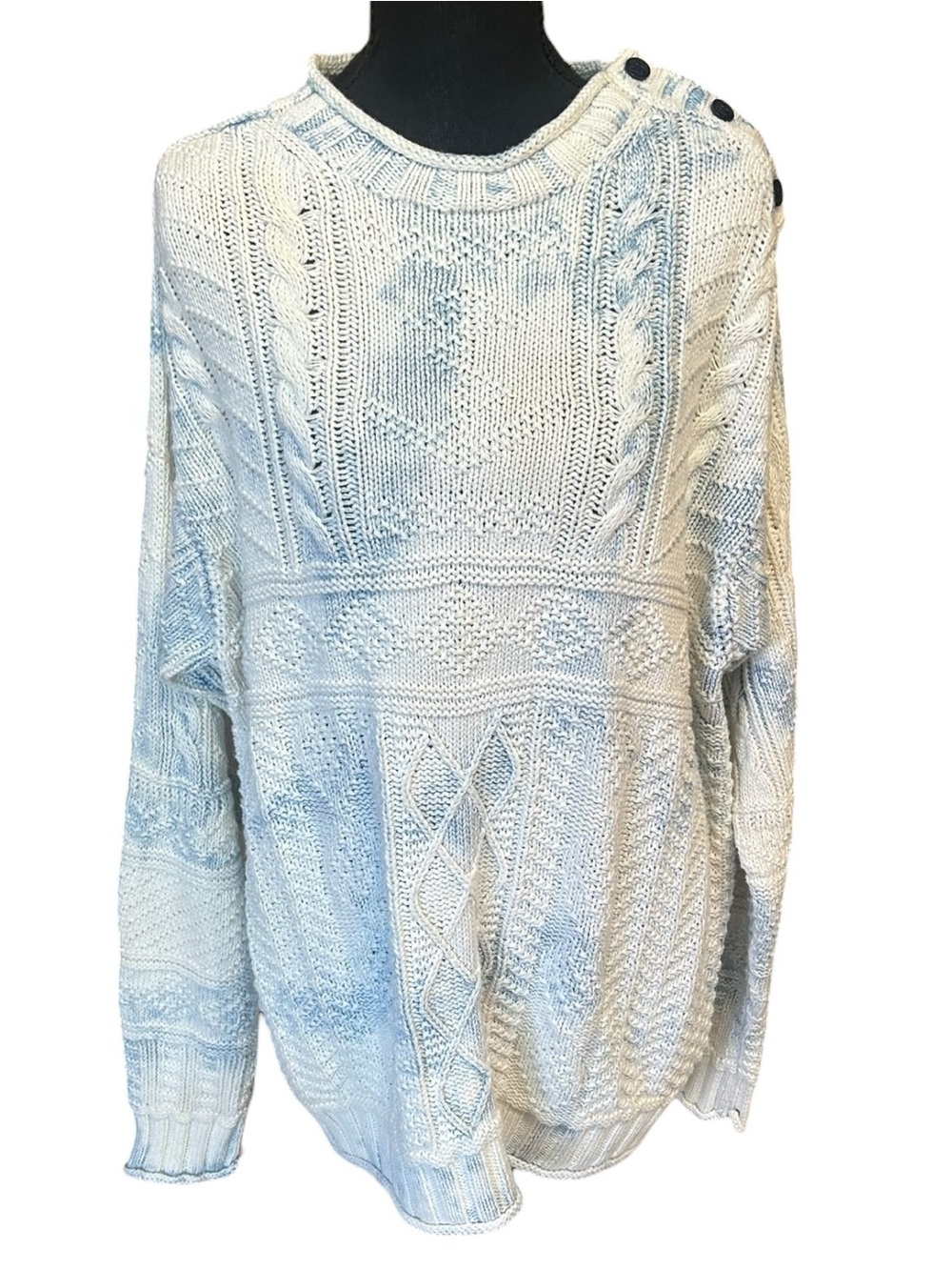 Polo Ralph Lauren Blue White Cable Knit Sweater XL Button Shoulder